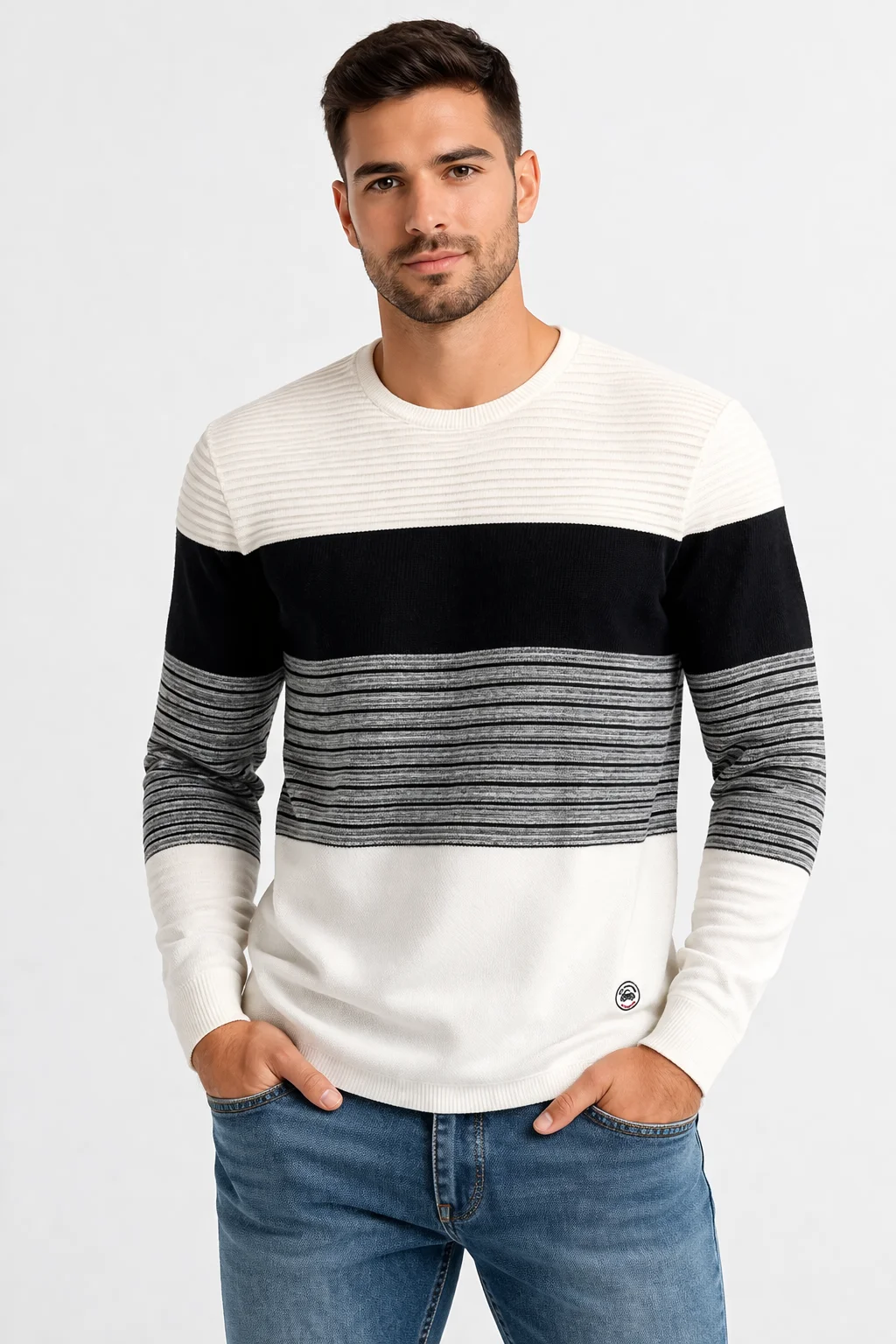 Jersey de rayas blancas, negras y grises
