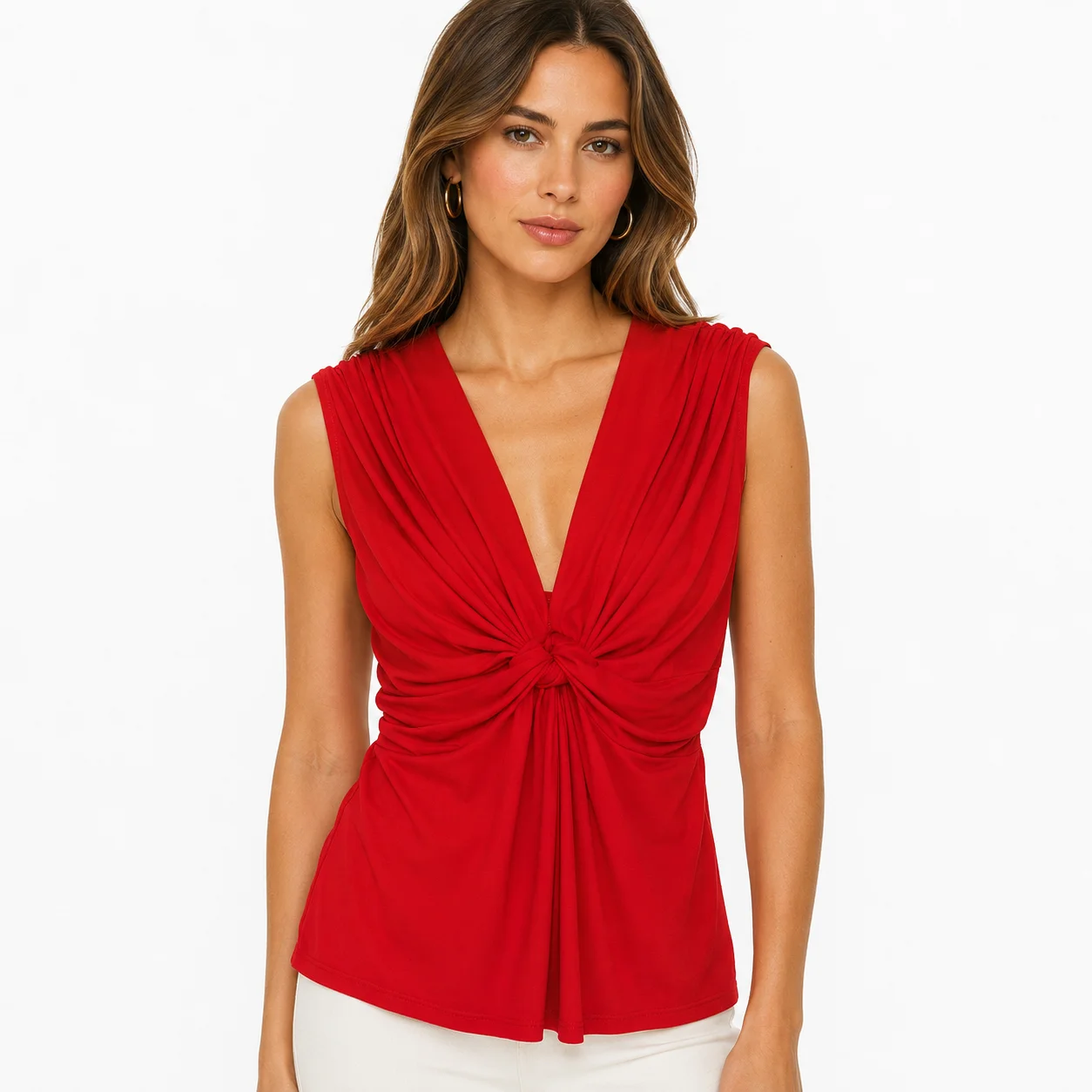 Top rojo drapeado con nudo central