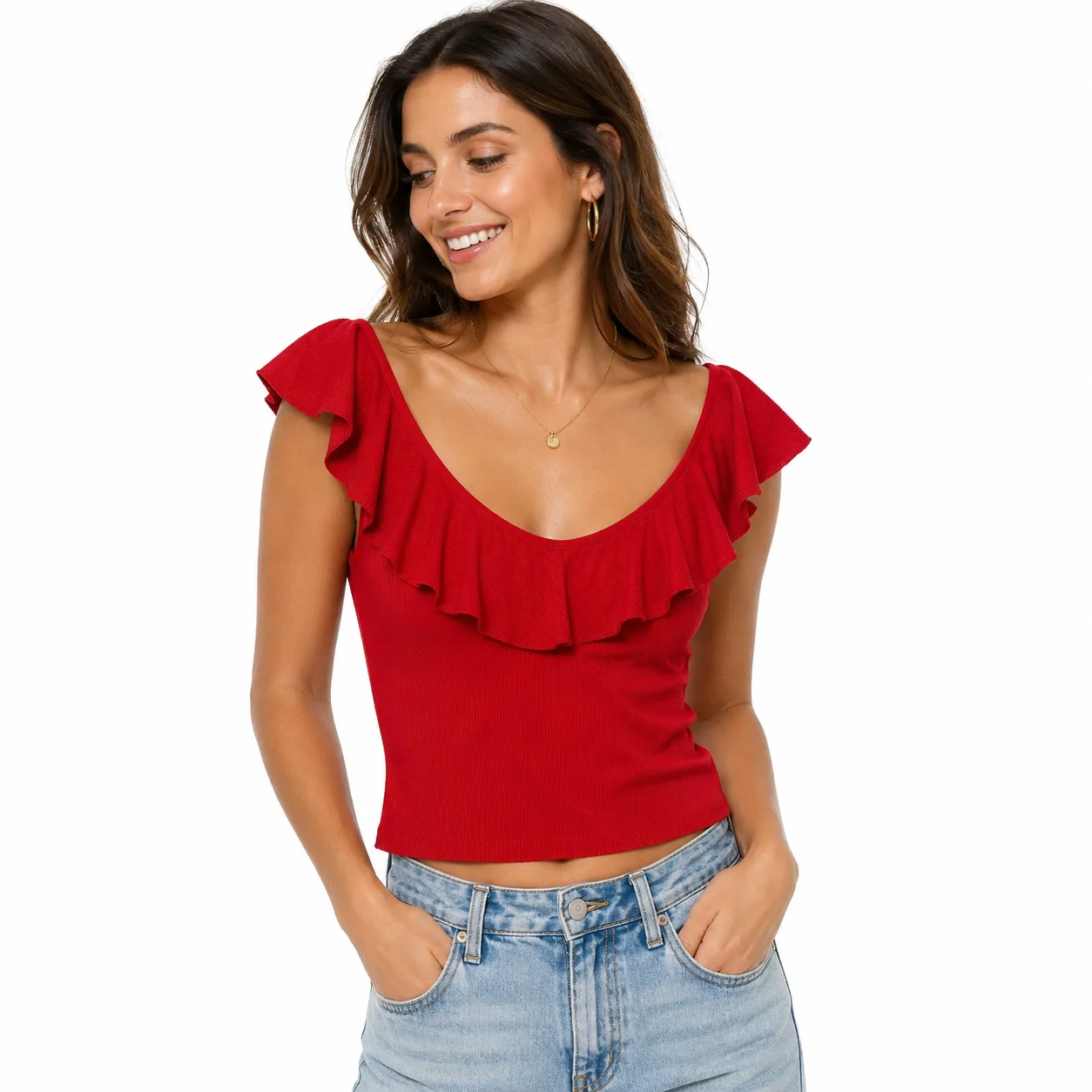 Top rojo con volantes off-shoulder