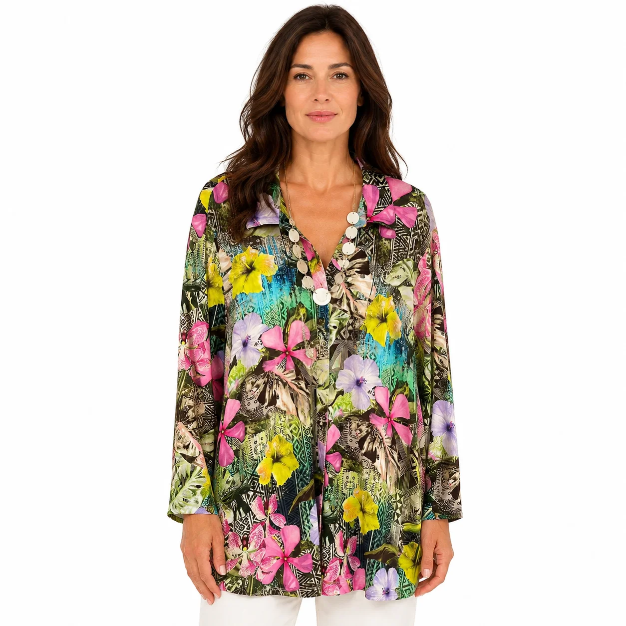 Camisa tropical de flores multicolor
