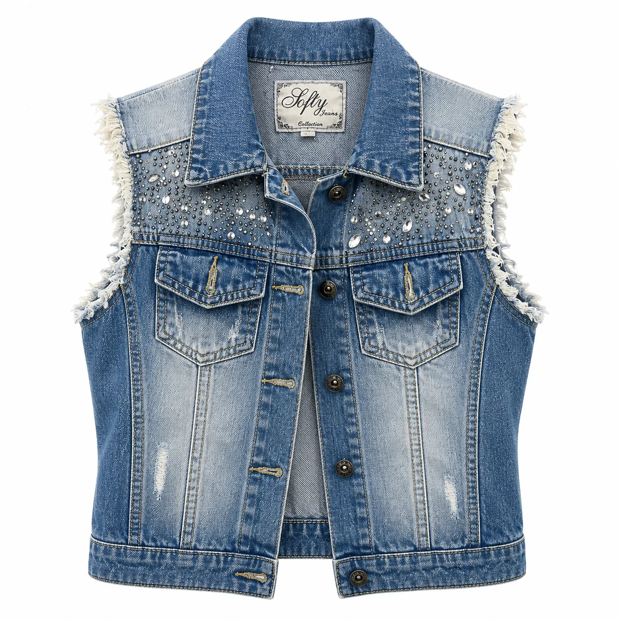 Chaleco vaquero con pedrería y tachuelas | Estilo glam denim