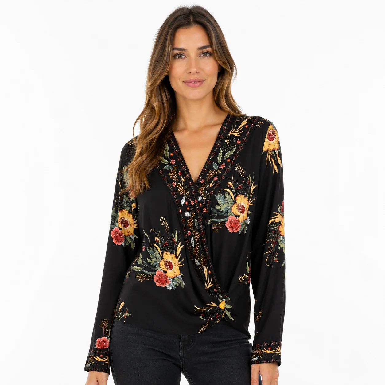 Blusa cruzada negra con flores Pepe Jeans