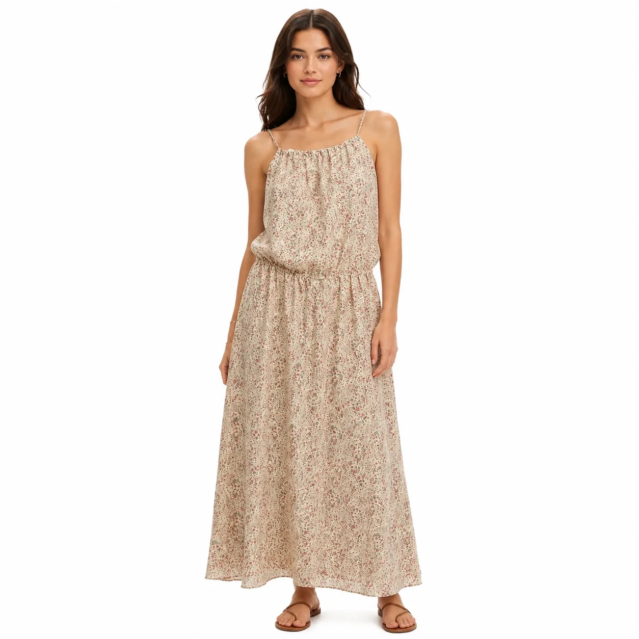 Vestido Beige de Tirantes con Estampado Floral Pequeño