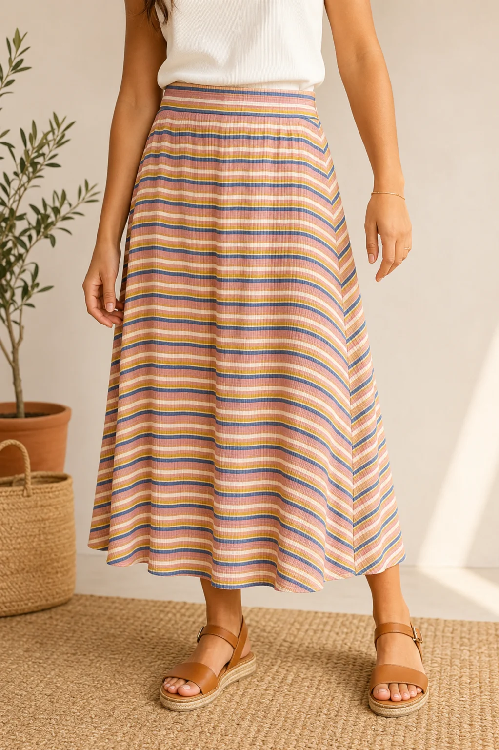 Falda midi a rayas multicolor Olivaceous