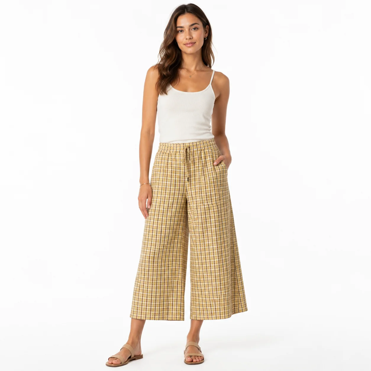 Pantalones de cuadros amarillos y marrones