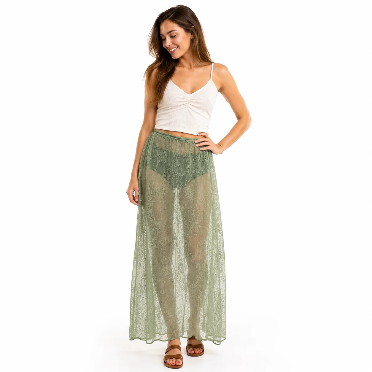 Falda larga de encaje verde