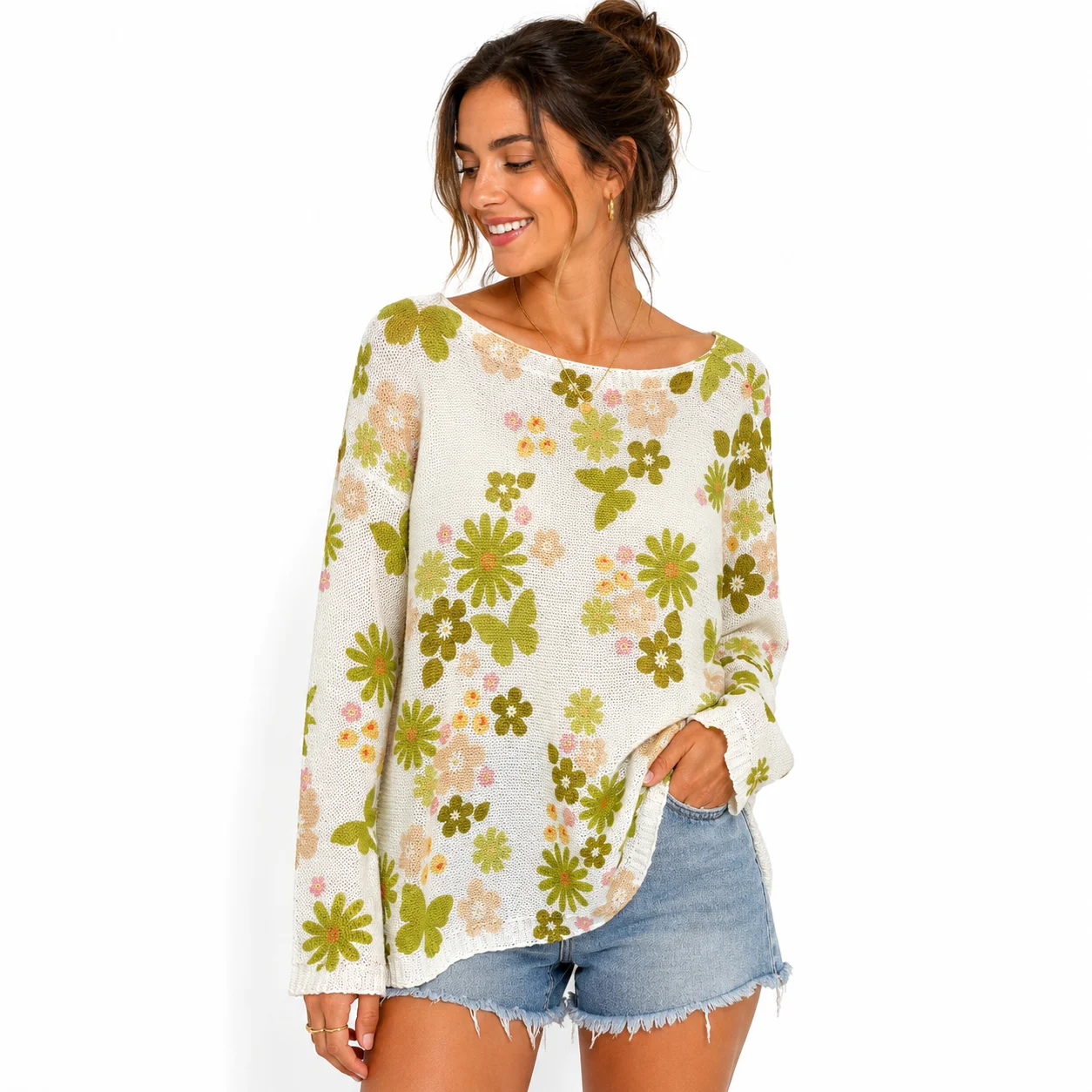Jersey blanco con estampado floral verde