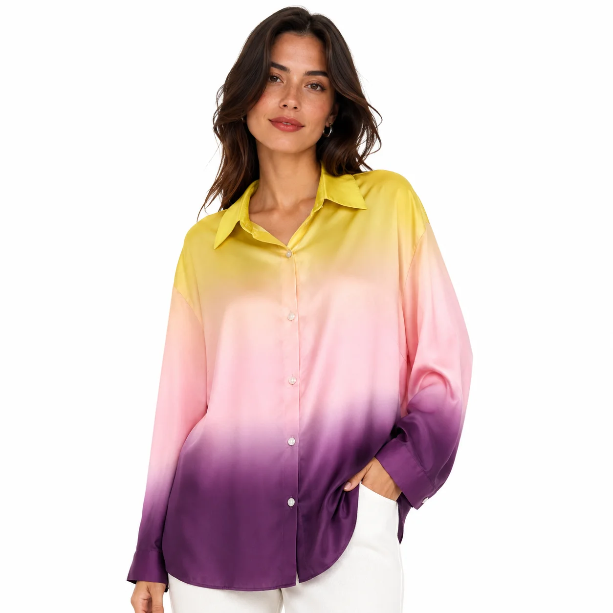 Camisa degradado amarillo, rosa y morado