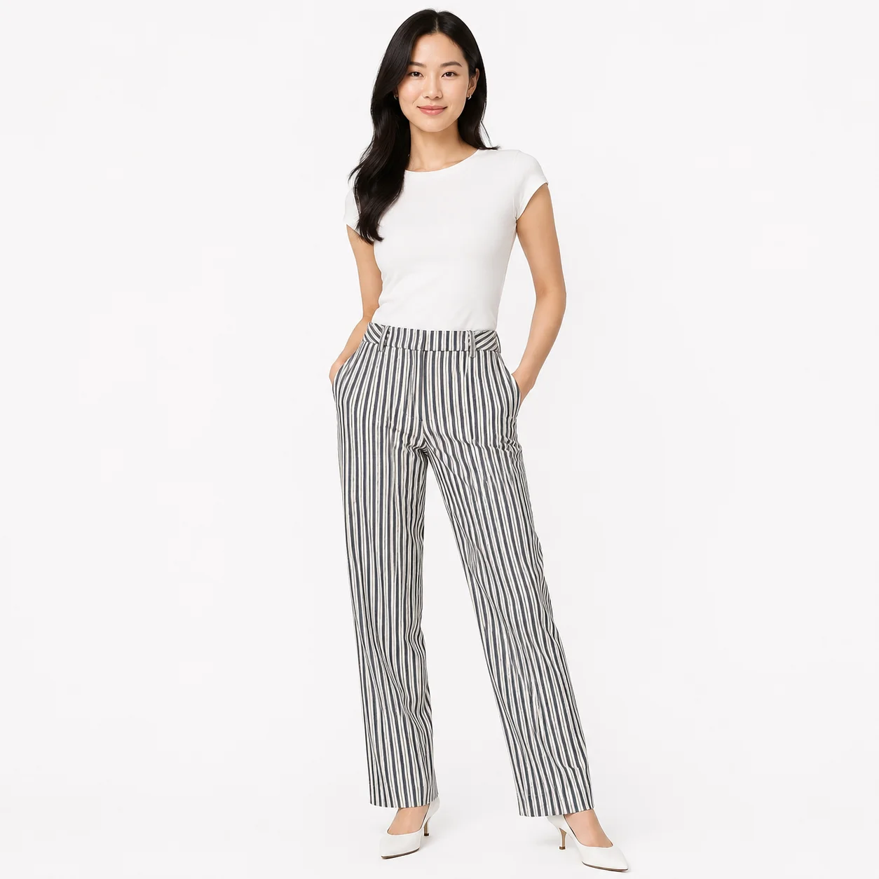 Pantalón Stradivarius a Rayas Azul Marino y Blanco Talla 36