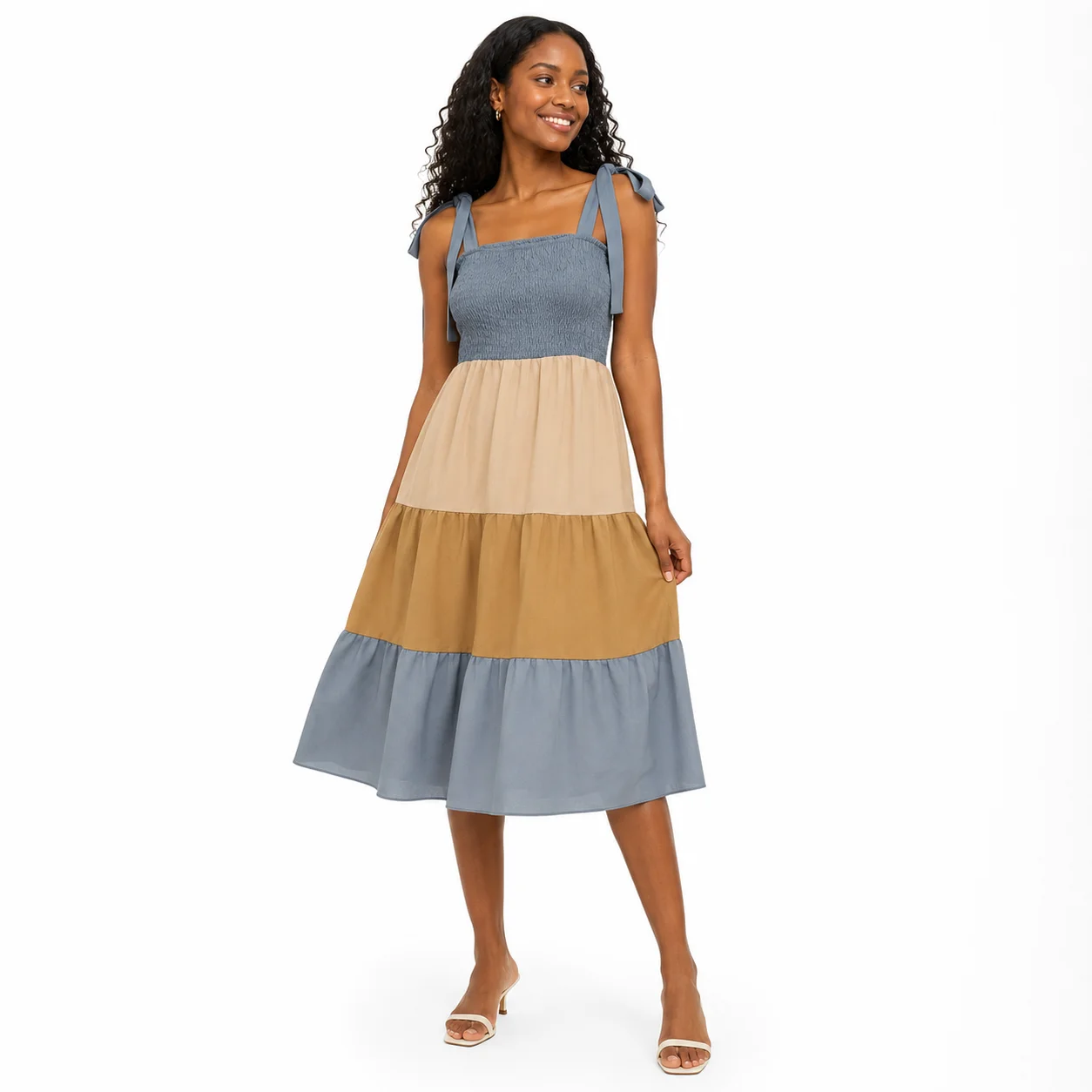 Vestido midi color block con tirantes
