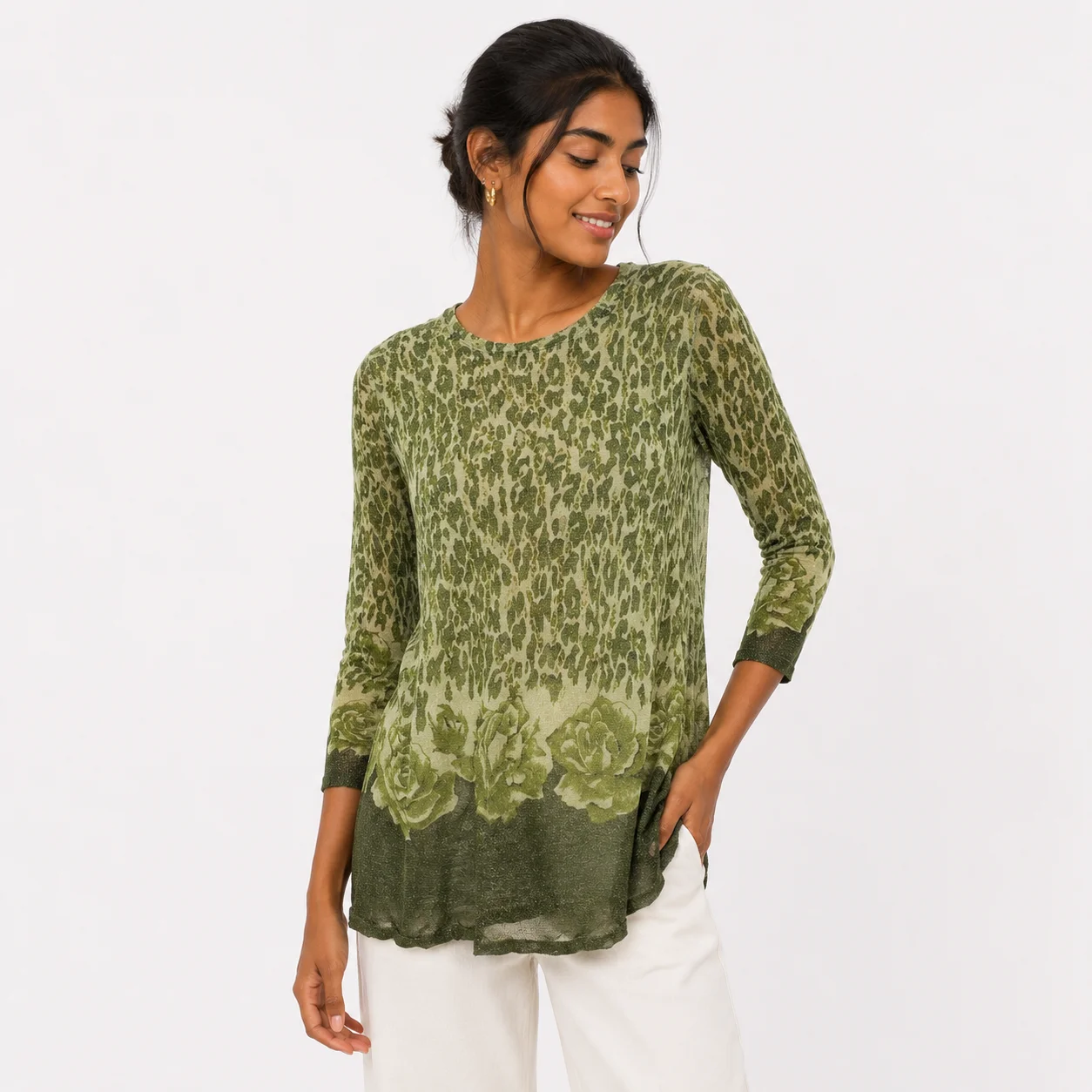 Jersey Largo Estampado Verde con Motivo Floral