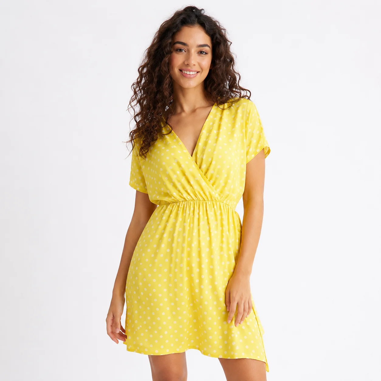 Vestido Cruzado Amarillo con Lunares Blancos