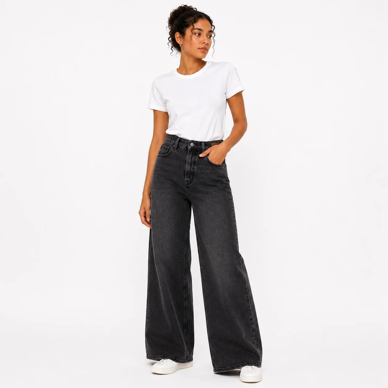 Vaquero Wide Leg Negro Desgastado de Tiro Alto