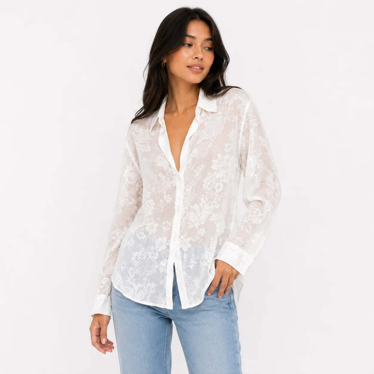 Camisa Satinada Blanca con Estampado Floral Jacquard