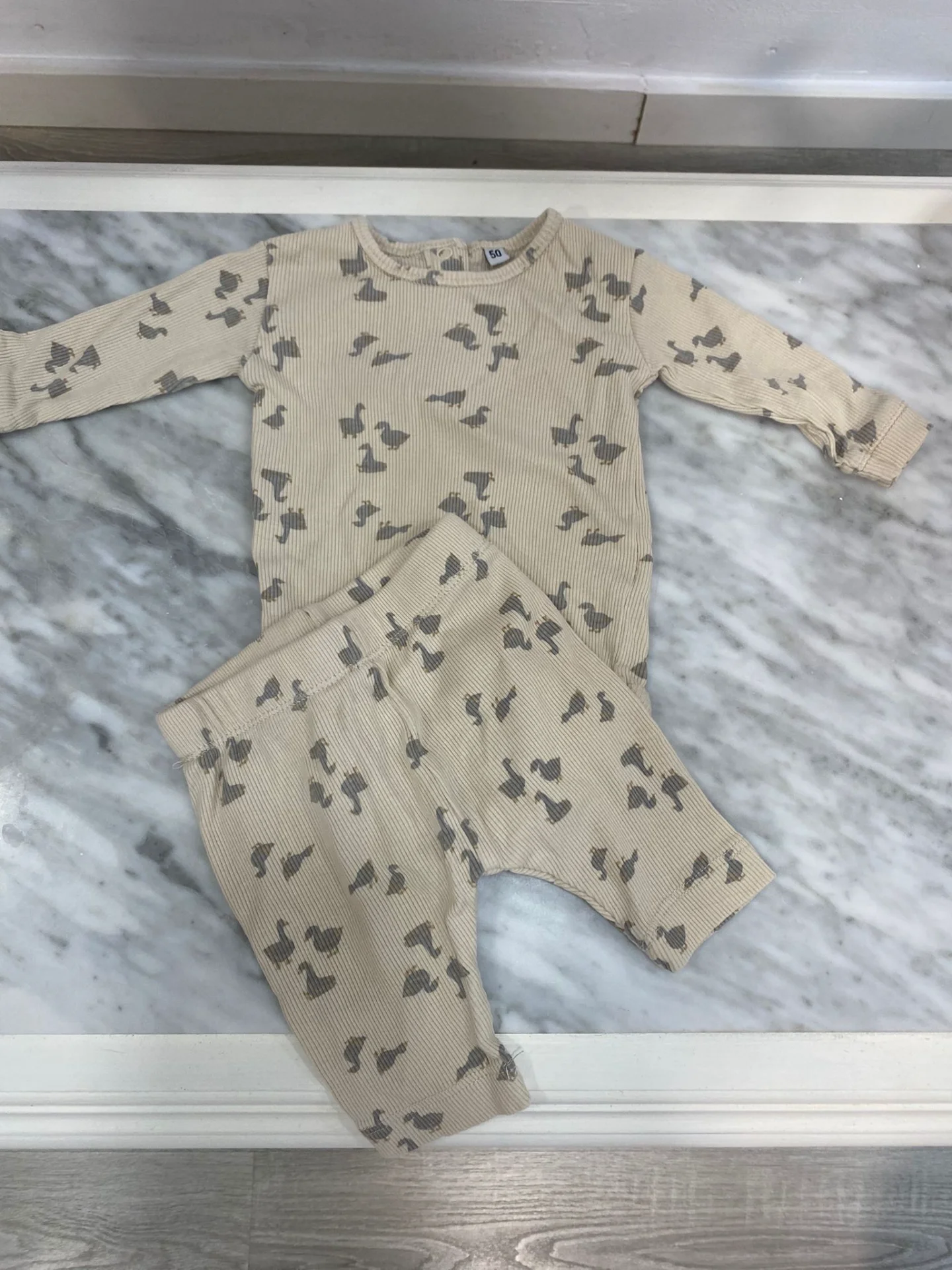 Conjunto de Bebé Canalé Beige con Estampado de Cisnes