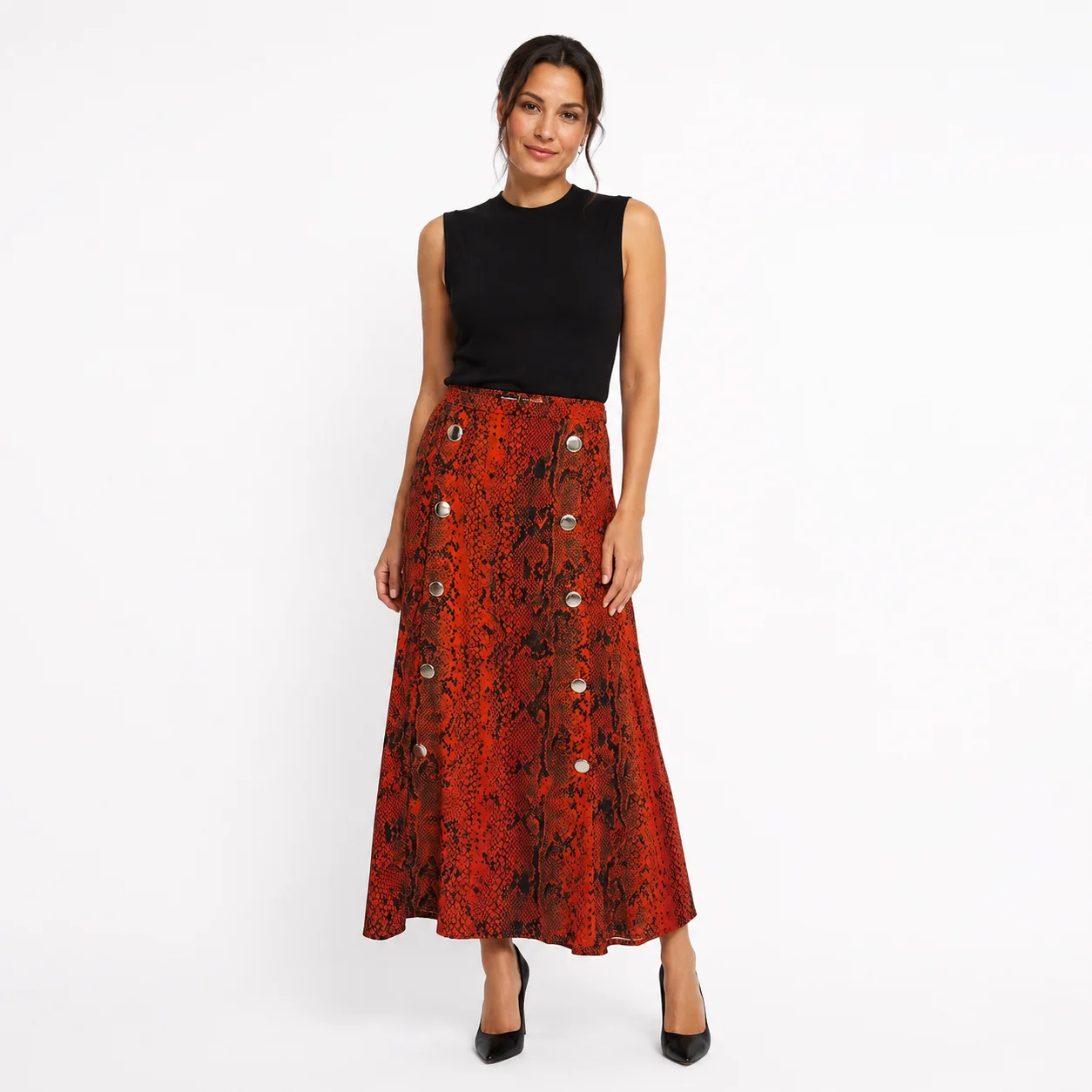 Falda midi roja con botones Stradivarius