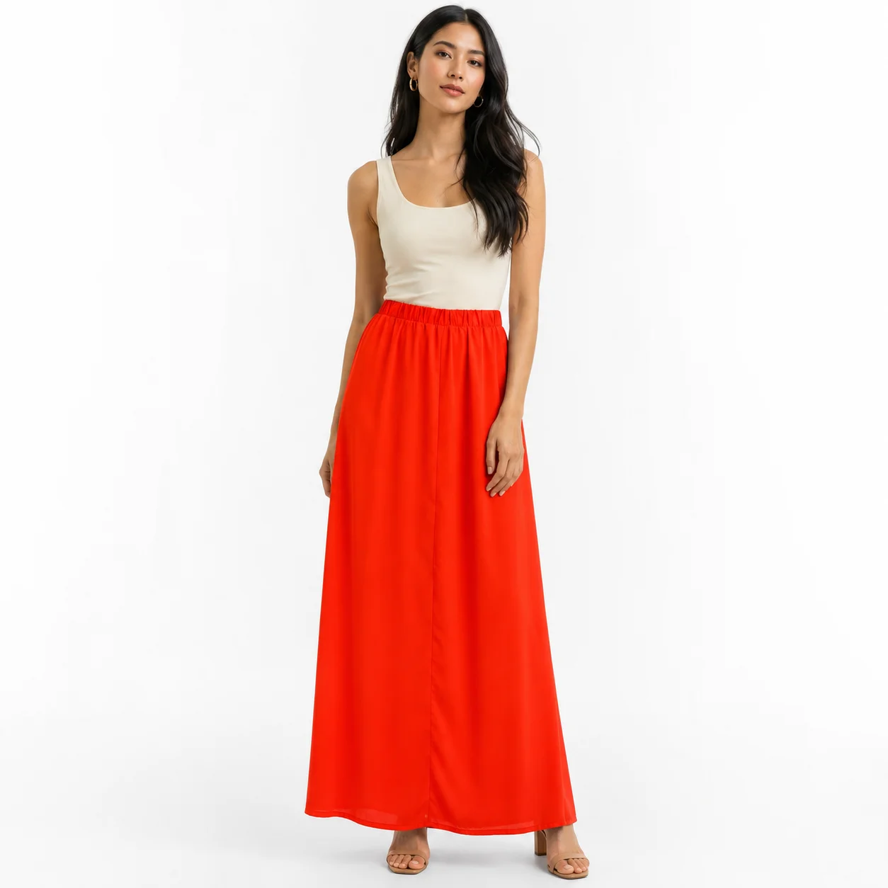 Falda larga roja de tiro alto Stradivarius