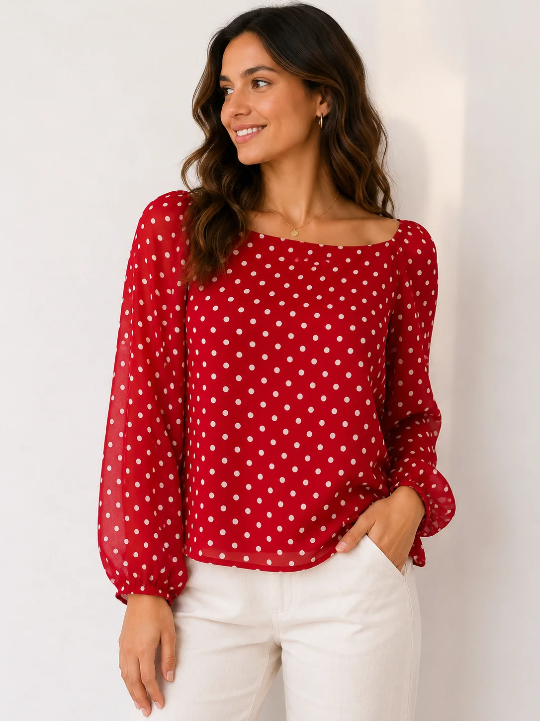 Blusa roja de lunares blancos con manga larga ligera