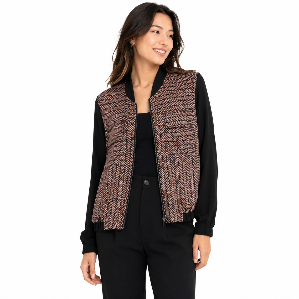 Chaqueta bomber estampada negra y rosa