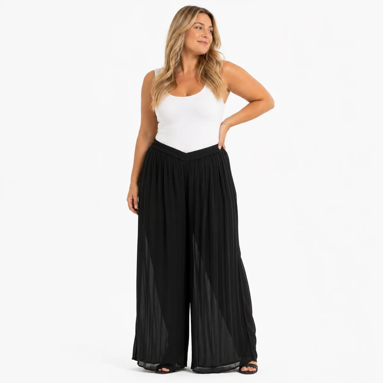 Pantalón Palazzo Negro Plisado para Mujer