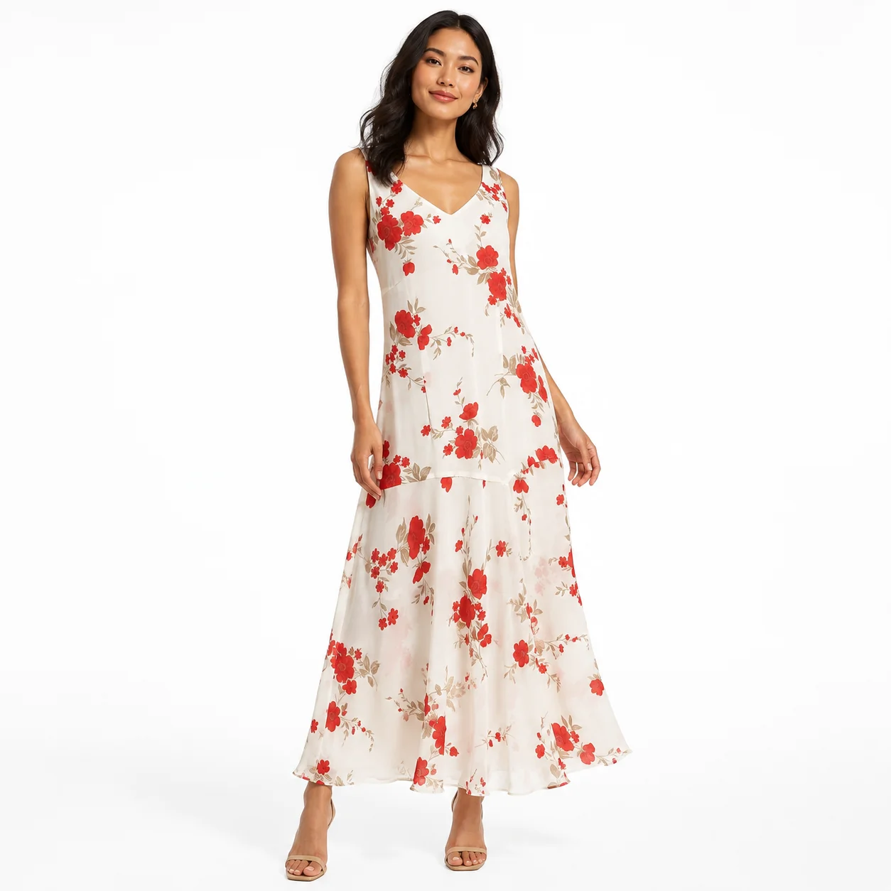 Vestido largo blanco con flores rojas