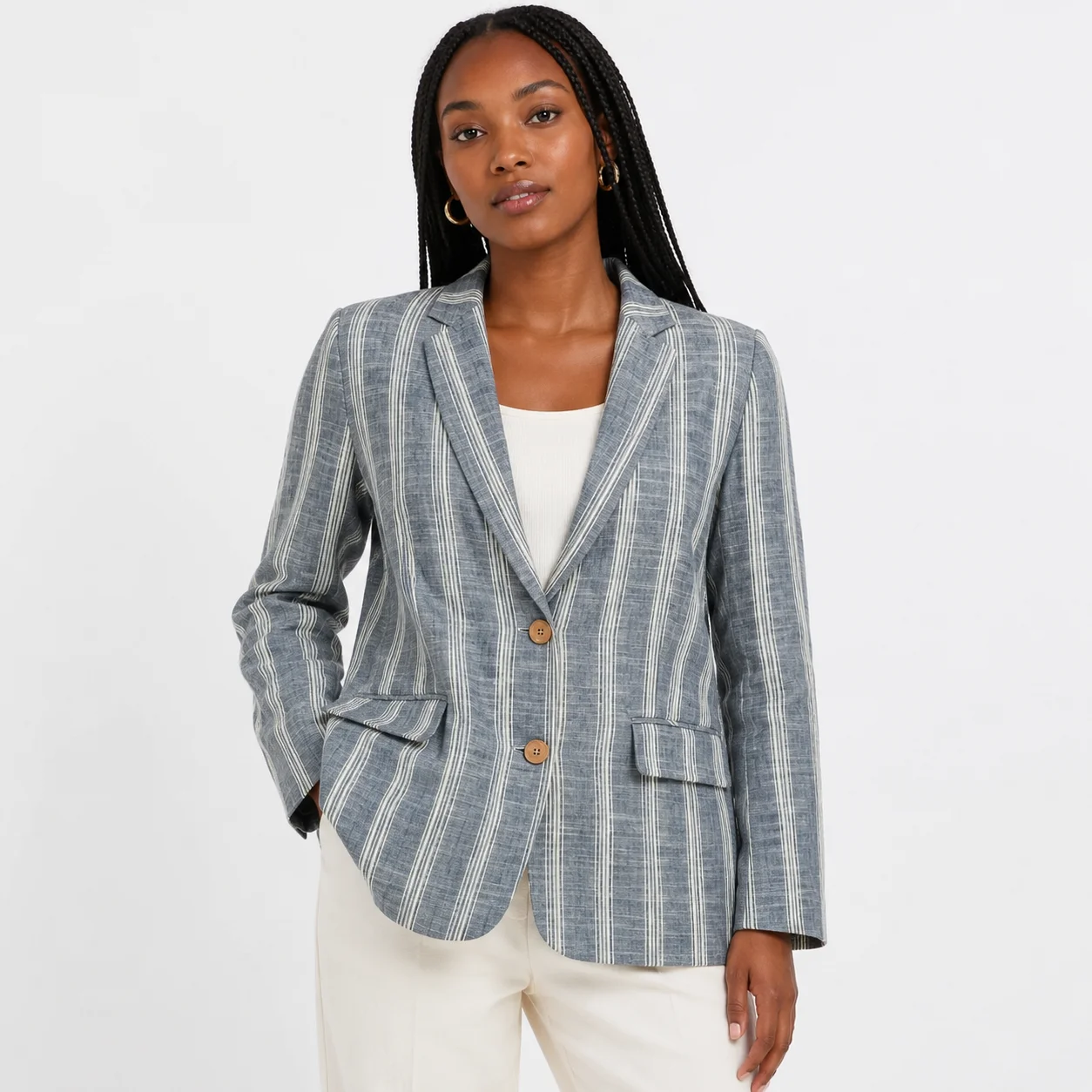 Blazer largo a rayas de lino Mango