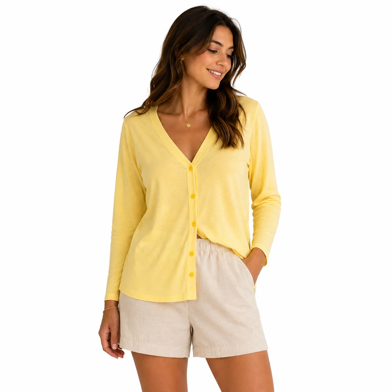 Cárdigan Amarillo Pastel de Punto Fino para Mujer
