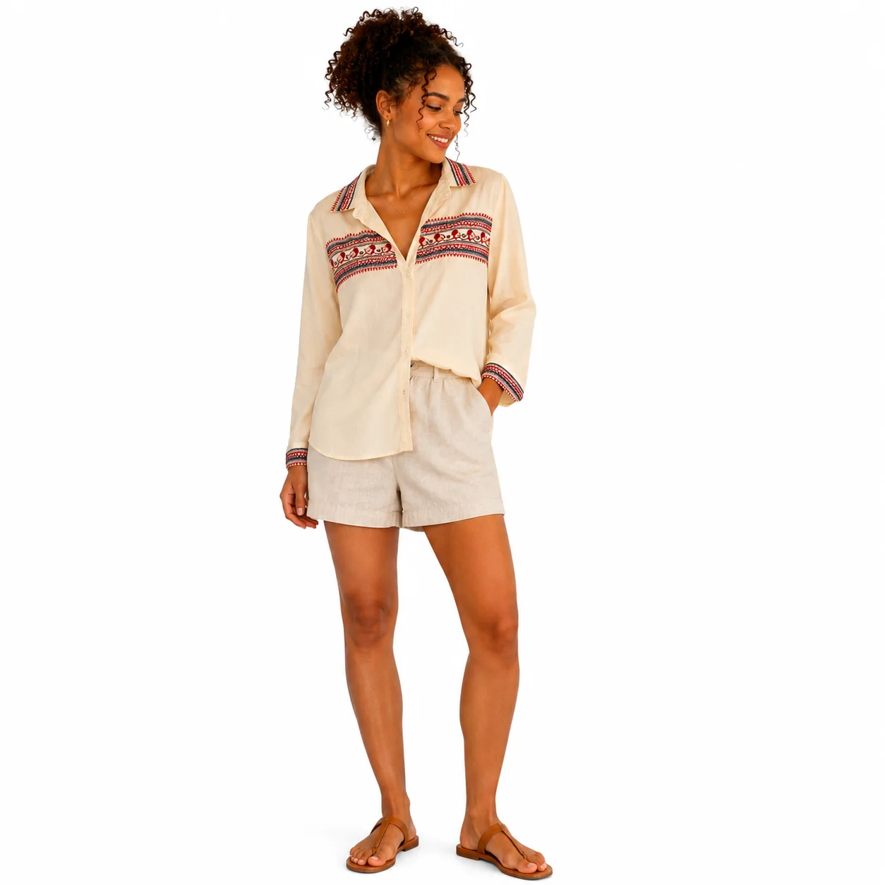 Blusa Beige con Bordados Étnicos para Mujer