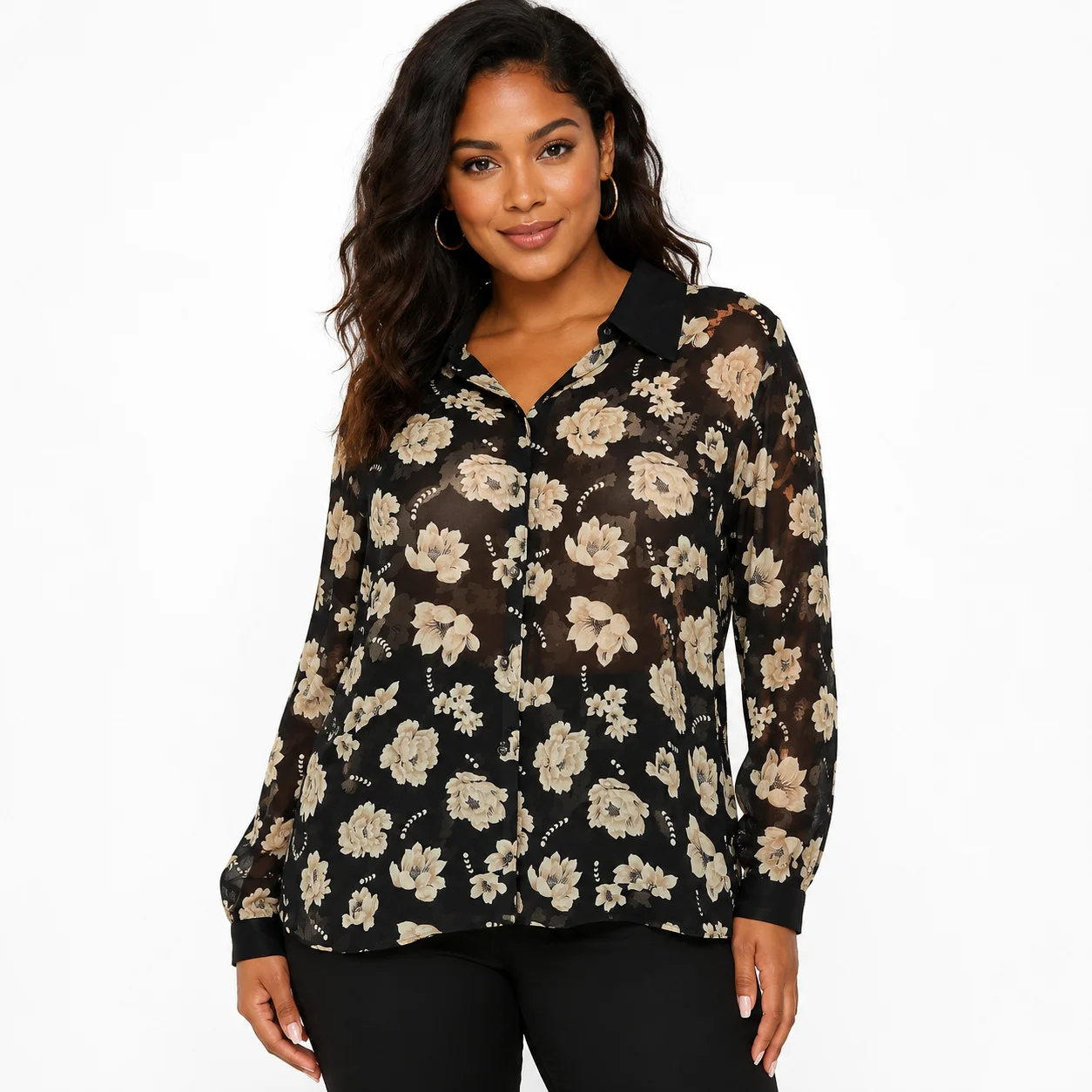 Blusa negra transparente con flores beige
