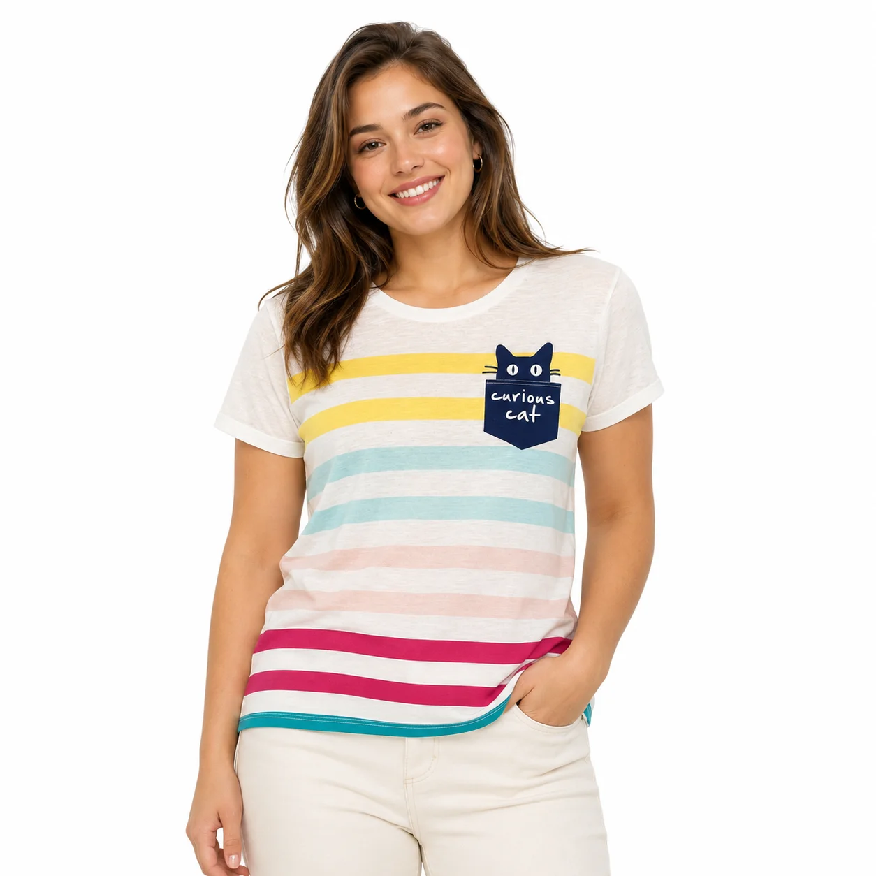 Camiseta rayas multicolor con bolsillo 