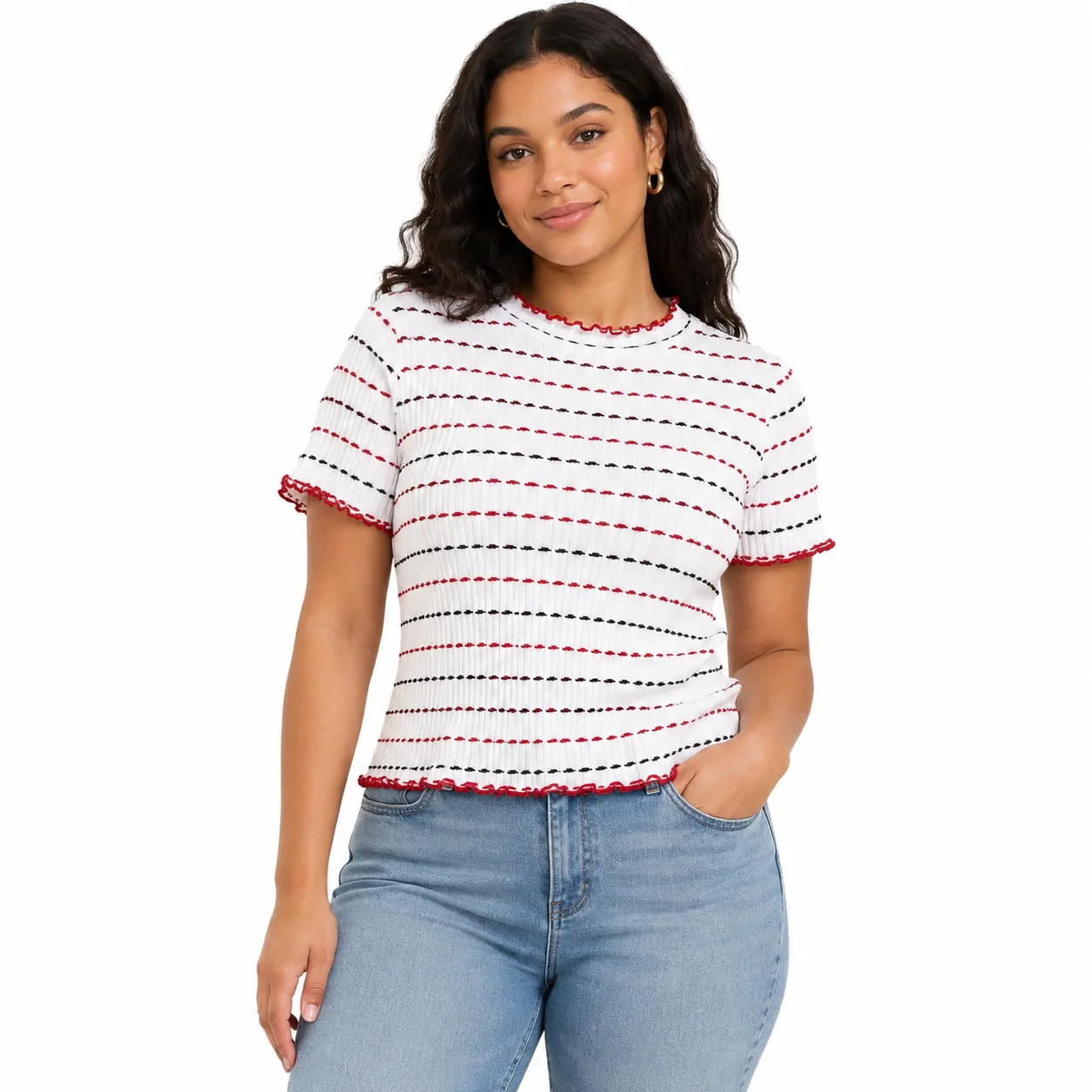 Camiseta corta de punto a rayas rojas y negras