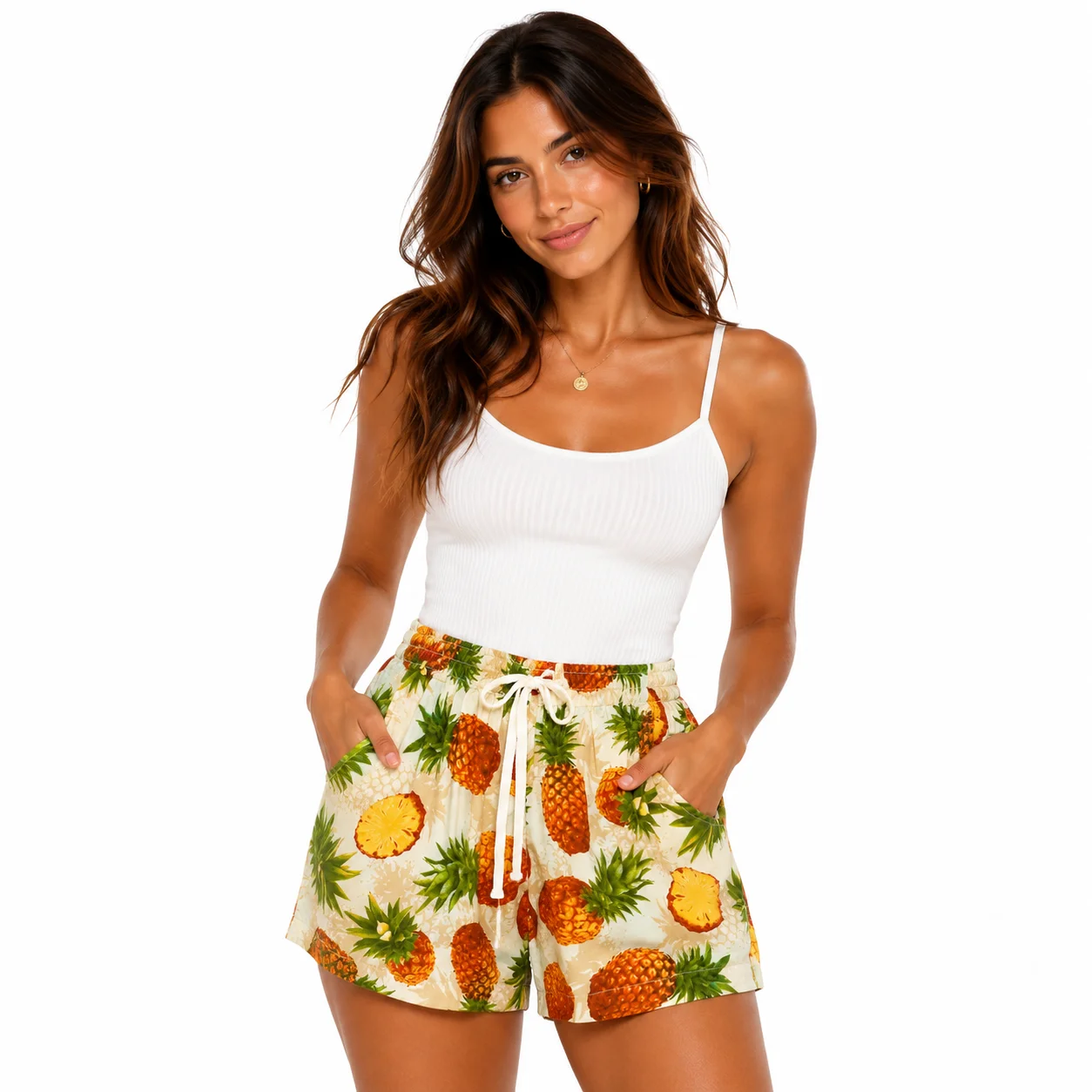 Shorts beige con estampados de piña