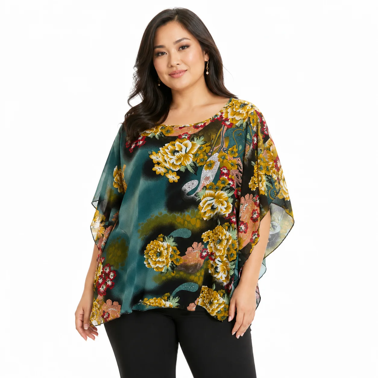 Blusa floral asimétrica estilo poncho
