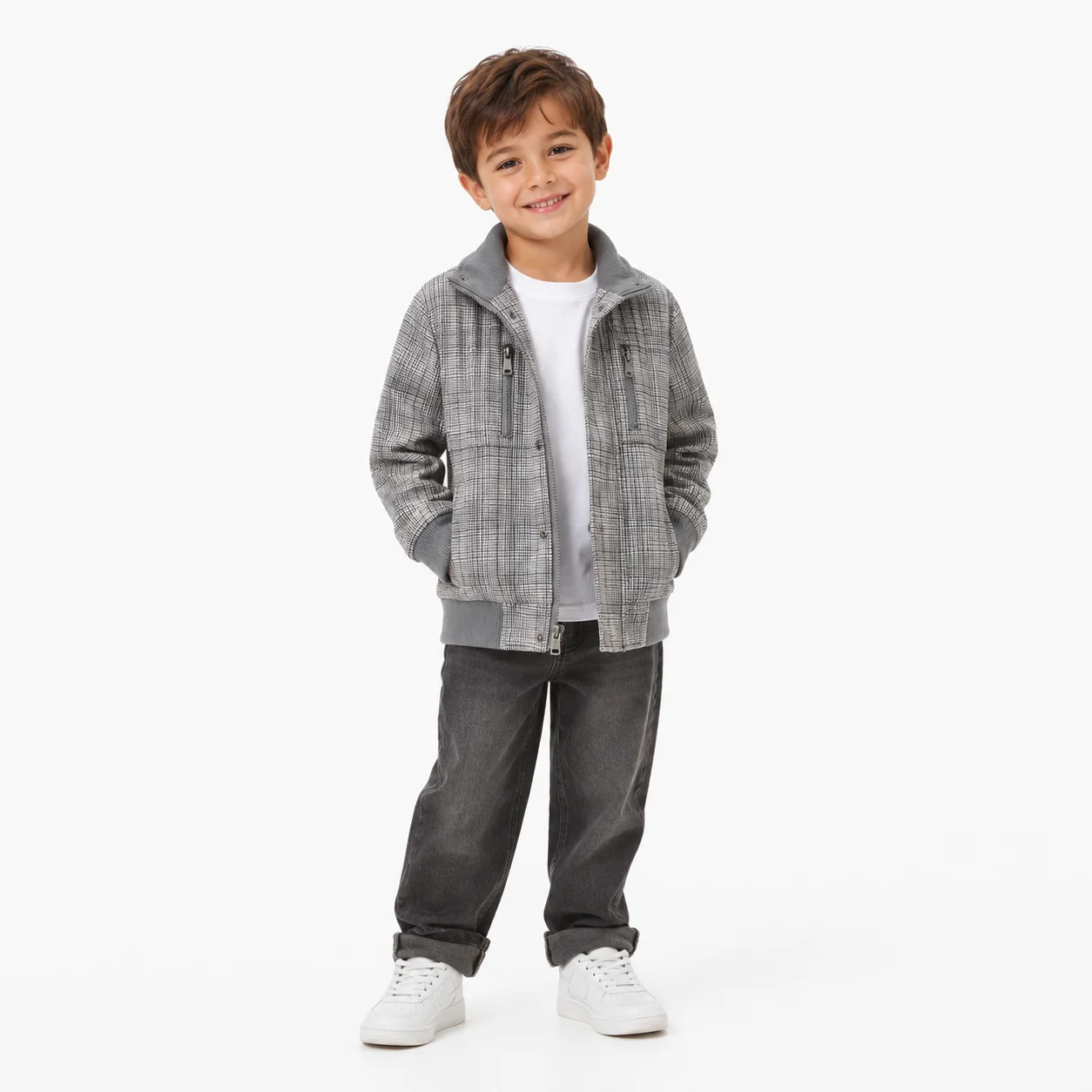 Chaqueta Bomber de Cuadros Grises para niño
