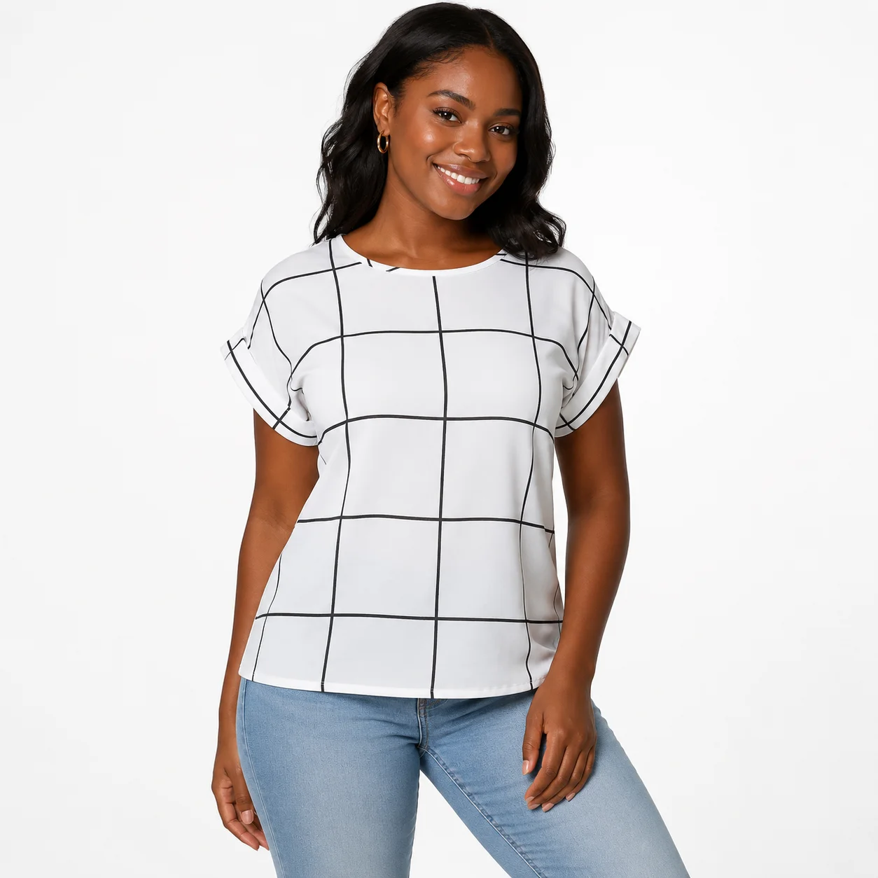 Blusa blanca SHEIN con cuadros negros