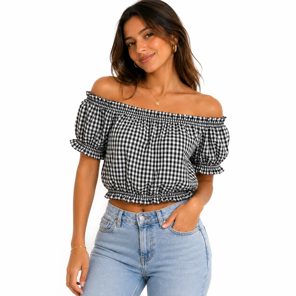 Blusa de cuadros vichy hombros caídos