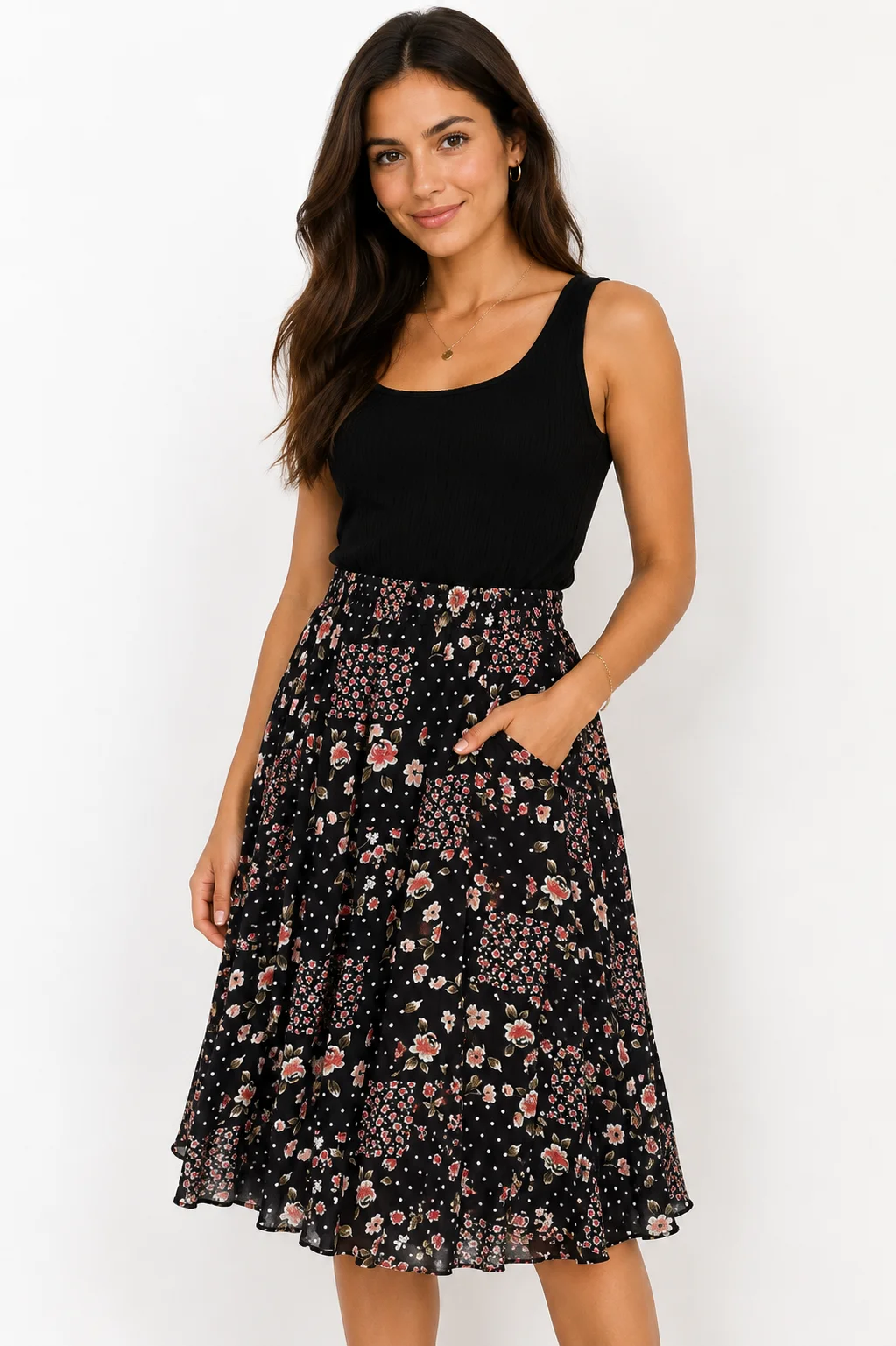 Falda midi de flores y lunares negros