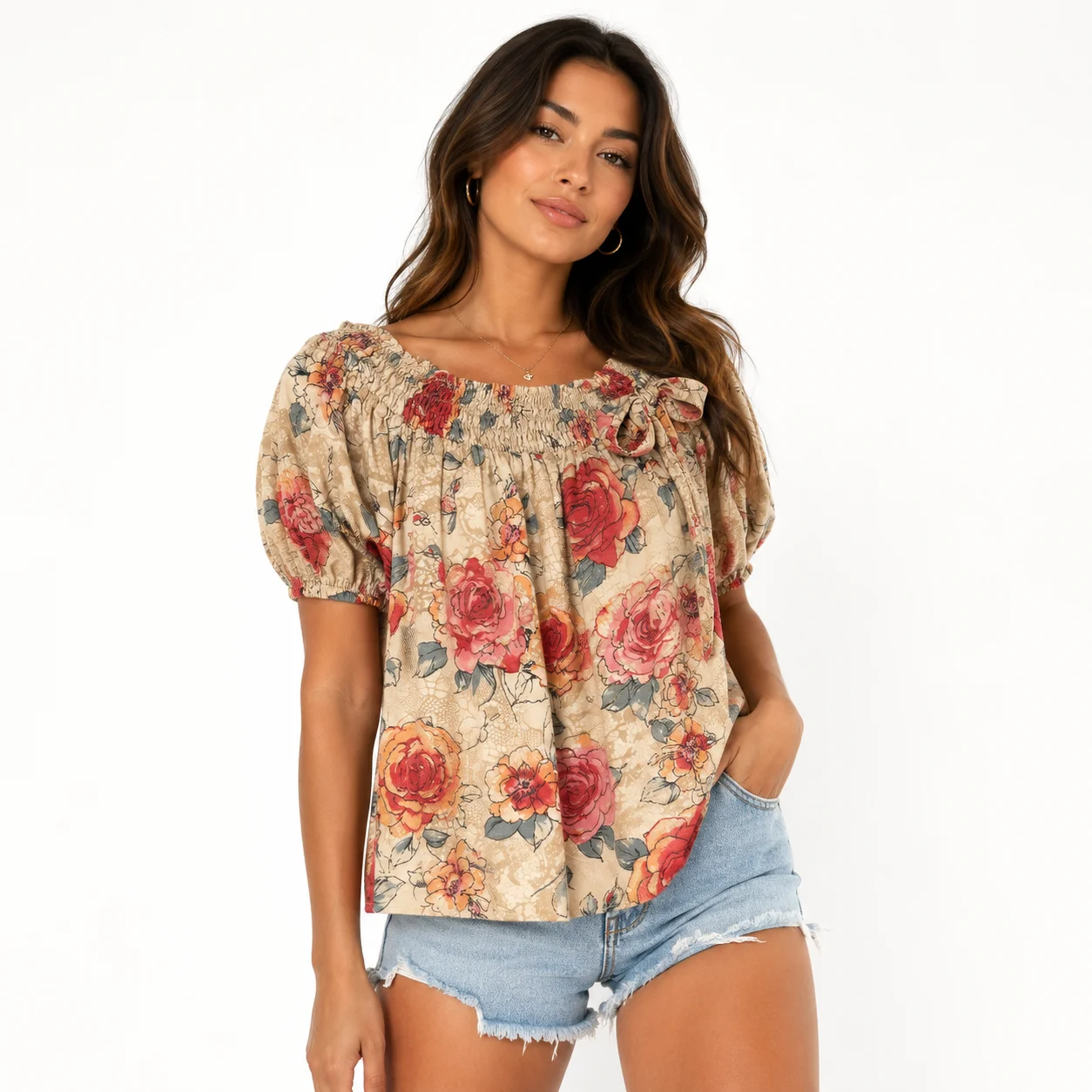 Blusa vintage floral con escote elástico