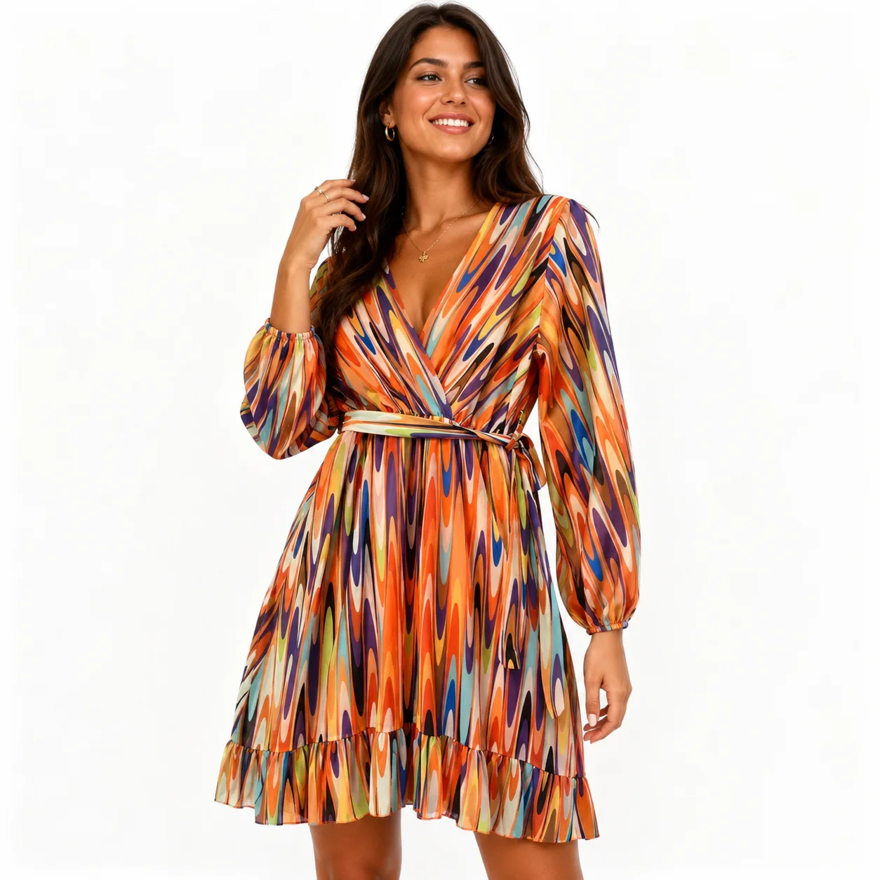 Vestido estampado multicolor con cinturón
