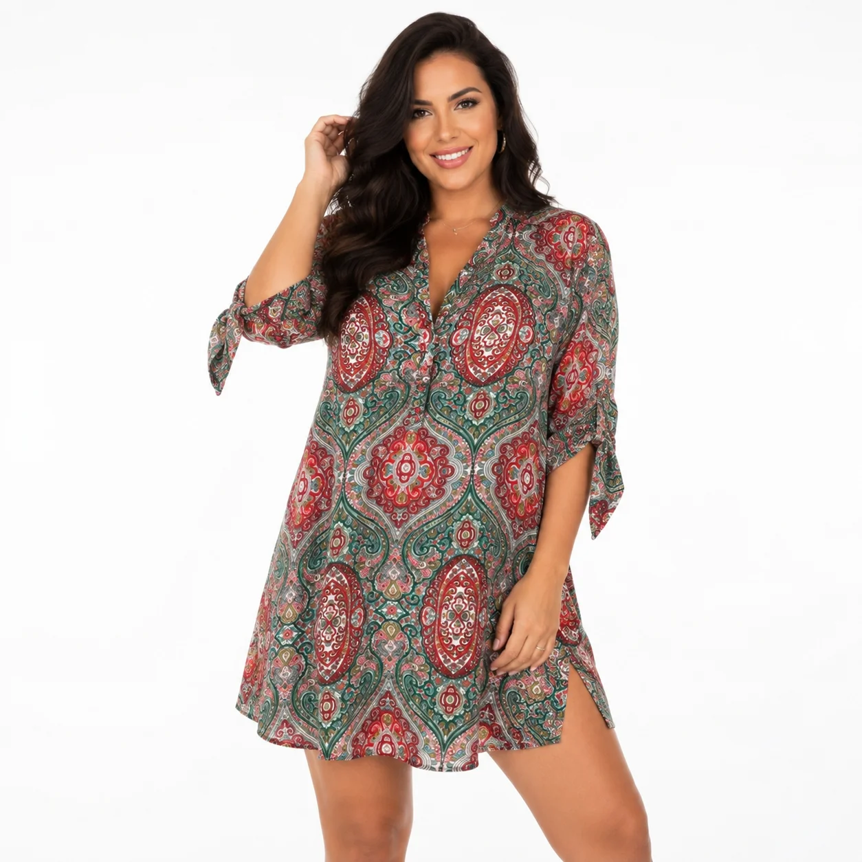 Vestido estampado paisley verde y rojo