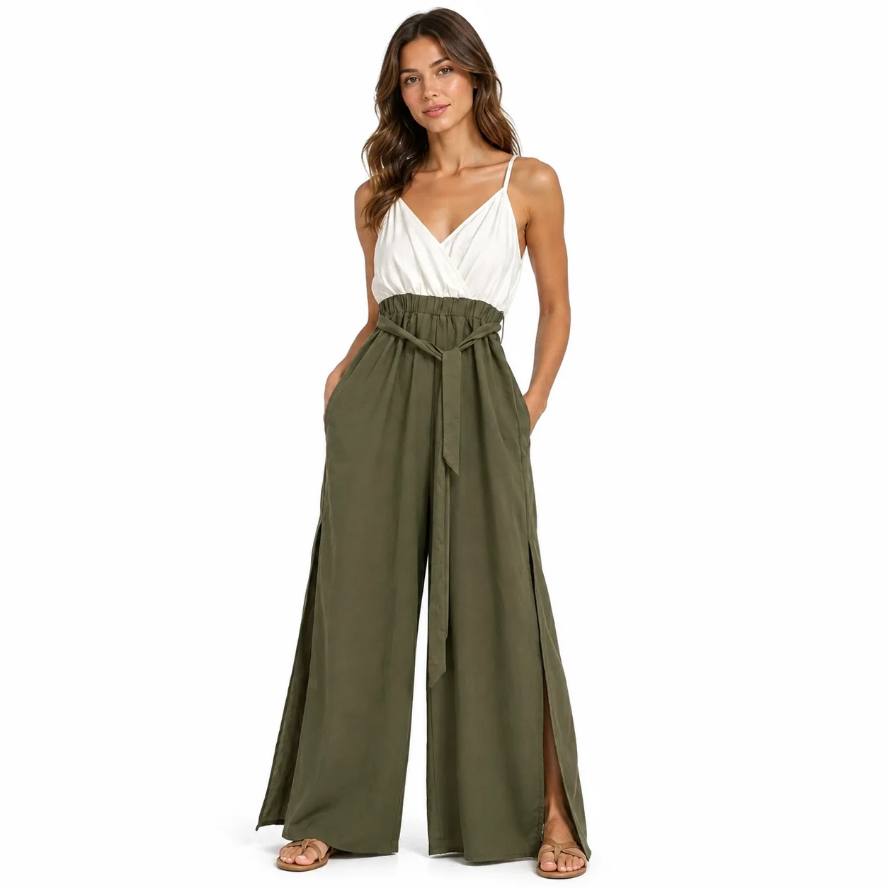 Mono palazzo blanco y verde militar SHEIN