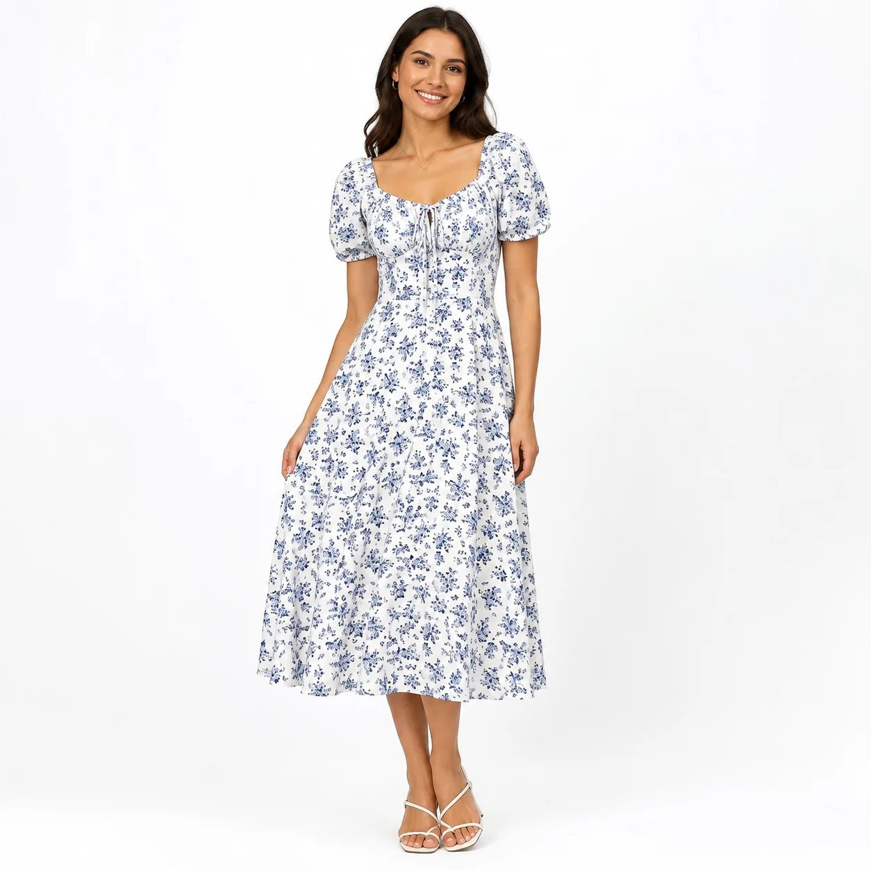 Vestido midi floral blanco y azul