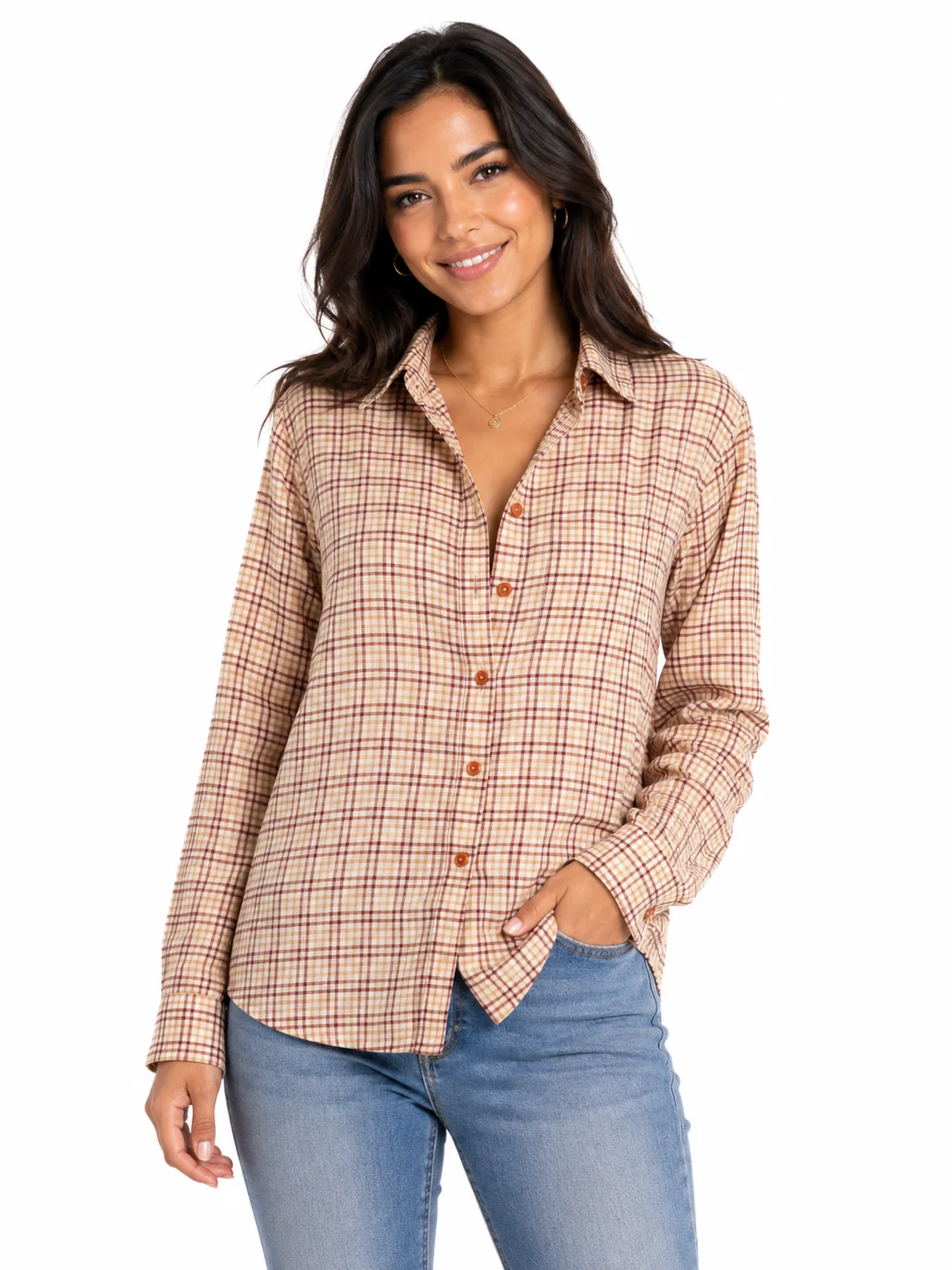 Camisa de cuadros beige y burdeos