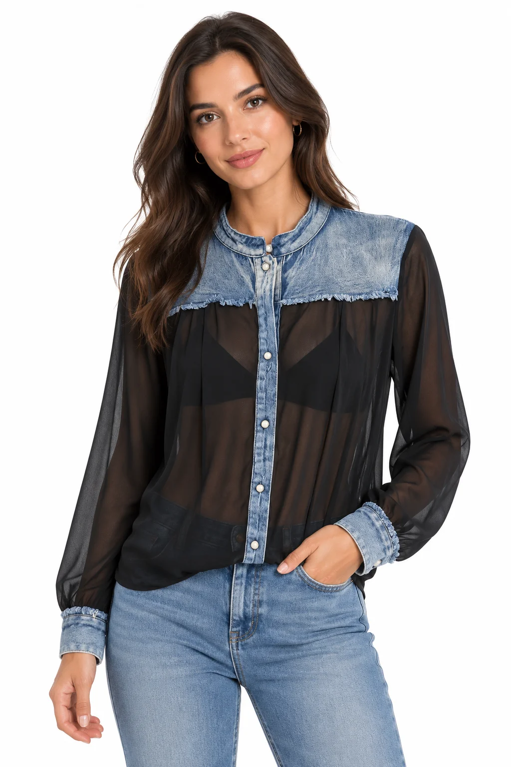 Blusa semitransparente denim y negro