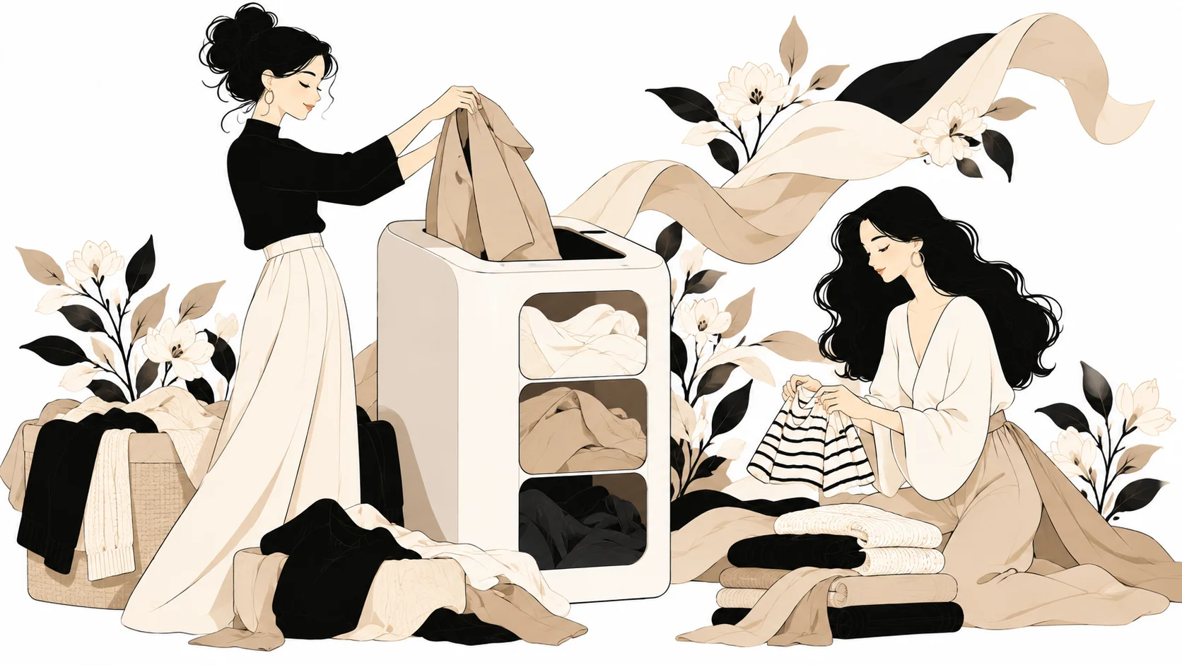 Ilustración de personas clasificando prendas junto a una unidad de recogida