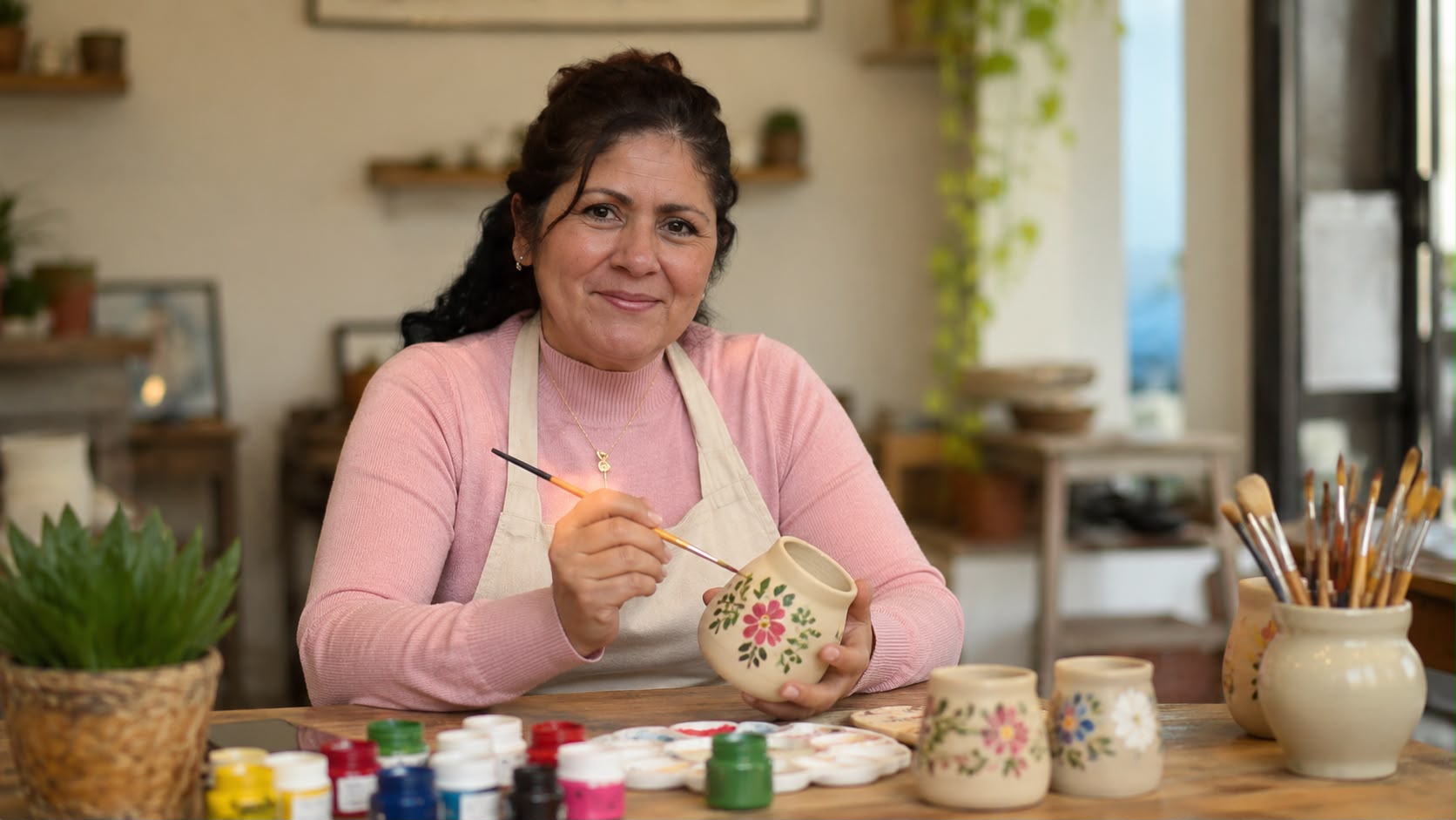 Rosario Girón pintando a mano una pieza decorativa