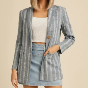 Blazer largo a rayas de lino Mango