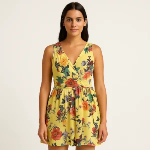 Vestido amarillo escote cruzado y flores