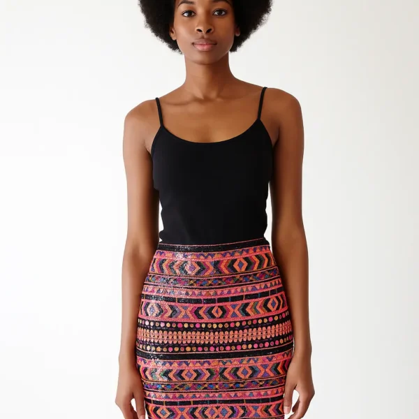 Falda corta con lentejuelas y estampado
