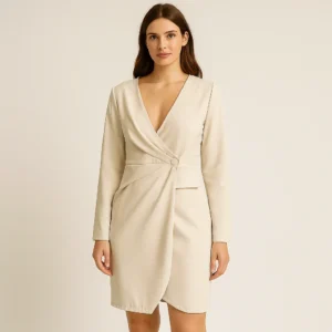Vestido beige de manga larga cruzado